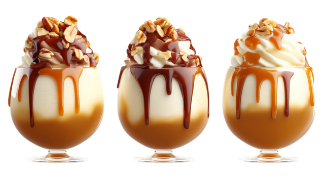 Three ice cream desserts sit with drizzled caramel and nut toppings against a stark black background.