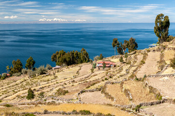 Titicaca Lake from Taquile Island in the peruvian Andes at Puno Peru.