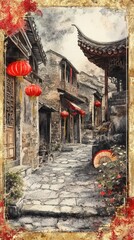 Naklejka premium Traditional Chinese Street with Red Lanterns