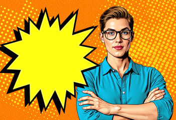 Confident person in glasses expressing boldness against pop art background  