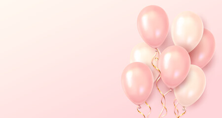 Glossy pink and cream balloons with golden curling ribbons floating on a soft pastel pink gradient background. Celebration concept. Vector illustration