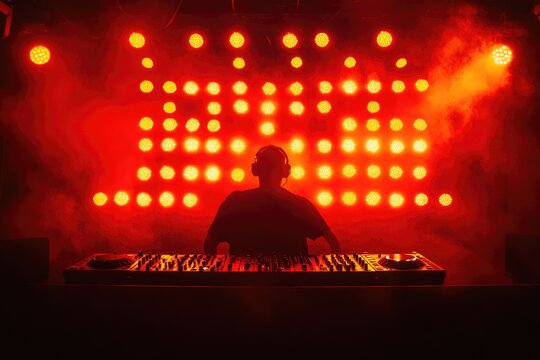 Silhouette of a DJ performing at a nightclub illuminated by red lights.