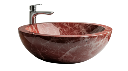 A sleek, oval  maroon marble basin with smooth edges, designed for washing hands and face, typically made of ceramic or stone with stainless tape isolated on white background or transparent png 