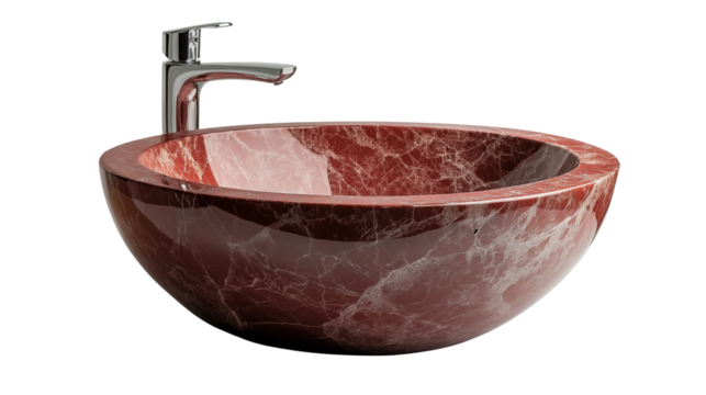 A sleek, oval  maroon marble basin with smooth edges, designed for washing hands and face, typically made of ceramic or stone with stainless tape isolated on white background or transparent png 