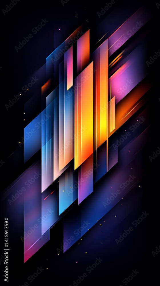 Poster abstract rectangles display vibrant color gradients against a dark backdrop with subtle light partic