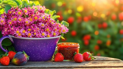 Naklejka premium A cup of purple liquid with pink flowers, strawberries, and jam on a wooden table
