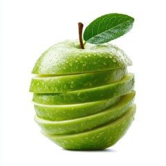 Sliced green apple with leaf on white background