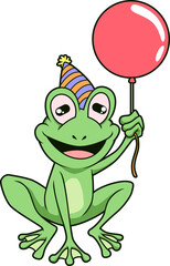 Der Geburtstagsfrosch trägt Partyhut und Ballon – bereit zum Feiern!
