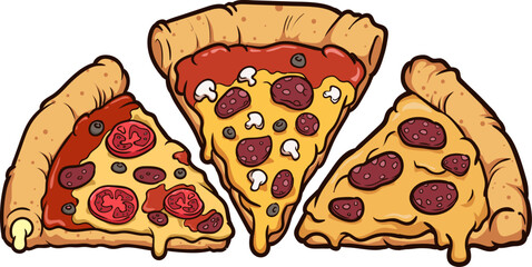 Drei verschiedene Pizzastücke mit Wurst, Käse und Tomatensoße von oben gesehen.
