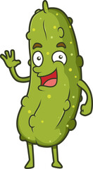 Grinsende Gurke mit Armen und Beinen winkt fröhlich in die Kamera.
