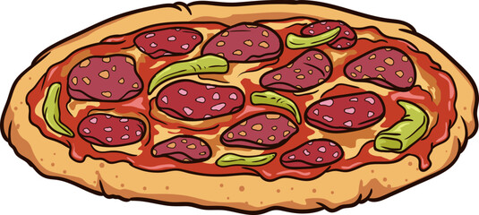 Knusprige Pizza mit Salami, Peperoni und Käse – klassisches Fastfood-Motiv im Comicstil.
