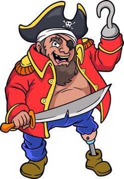 Grimmiger Pirat mit rotem Mantel, Enterhaken und Prothese lacht wild.
