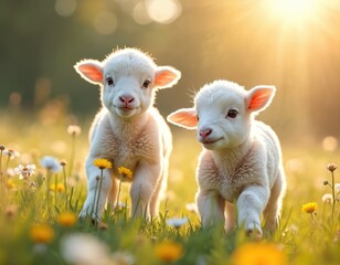 Adorable baby lambs play sunny pastoral meadow with blooming flowers. Cute fuzzy young animals enjoy countryside, natural environment. Happy, joyful, innocent, carefree lambs in the field.