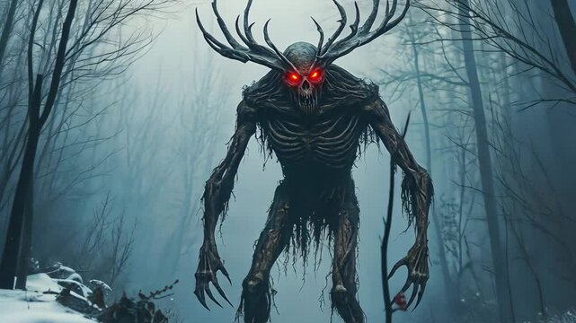 Wendigo Creature with Glowing Eyes in Foggy Forest

