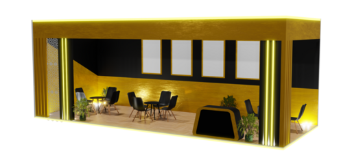 3D rendering of a exhibition, featuring chairs and tables for customers. Created using artificial intelligence.