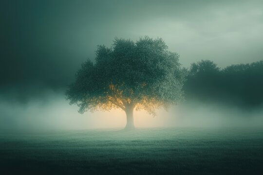 A solitary tree glows with an ethereal light in a misty field, creating a magical, serene atmosphere.