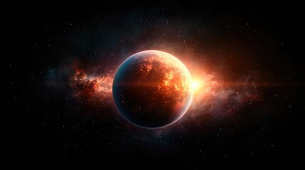 Fiery planet bathed in intense light.  Vast space