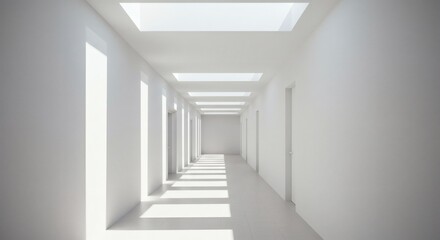 Fototapeta premium An empty white hallway with natural light streaming through skylights, creating a bright, minimalist interior.