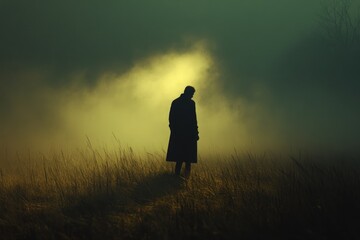 Silhouette of a lone figure in a long coat standing in a foggy field at dusk.