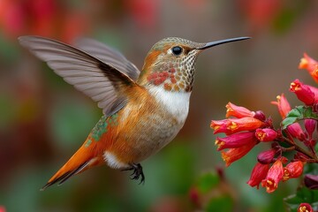 Hummingbird hovering near colorful flowers in a vibrant garden setting.