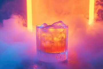 A vibrant cocktail, ice-filled, in a rocks glass, bathed in neon pink and orange light with smoky atmosphere.