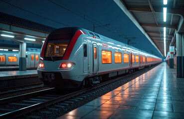 Fototapeta premium Side view of modern train on rails at night, lights on. Passengers travel by railway. Transportation, travel concept. Subway station, evening, rail transport. Travel by train, journey, express.