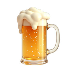 Frothy amber beverage in glass mug, 3D render illustration isolated on transparent background. Refreshing beer with foam, ideal for drink ads, summer, party design.