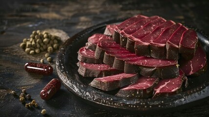 Gourmet selection of sliced dried meat with peppercorn and capsules on dark rustic background
