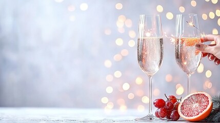   A person holding a glass of champagne next to two grapefruits and a half grapefruit