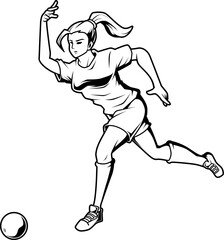 Dynamische Frau beim Boßeln – sportliche Pose in schwarzweißem Comic-Stil.
