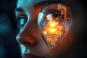 A close-up of a person's eye, overlaid with a glowing circuit board, symbolizing technological integration with humanity.
