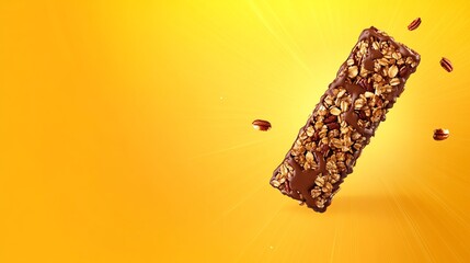 Granola bar covered in chocolate is floating in mid-air against a bright yellow background with pecans.