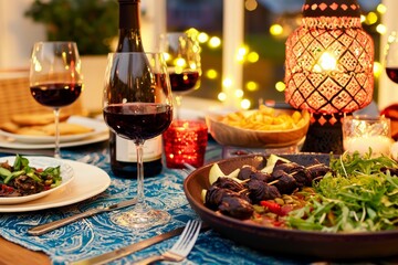 Traditional Middle Eastern Table Setting with Food and Lantern Decor