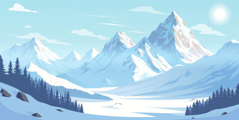 Majestic snow-covered mountain range with pine trees under a clear blue sky, bright sunlight and shadows create a peaceful winter atmosphere. Vector illustration
