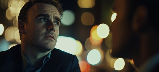 A focused closeup reveals the politicians thoughtful expression as they lean back slightly contemplating the words of a listener. The gentle bokeh of city lights glimmers behind enhancing