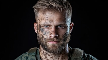 Obraz premium Tough soldier, covered in mud. Determined look