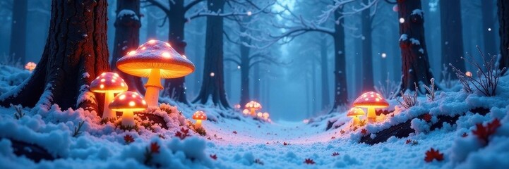 Fototapeta premium Snowy enchanted forest, glowing mushrooms, frost-covered trees, december, artwork