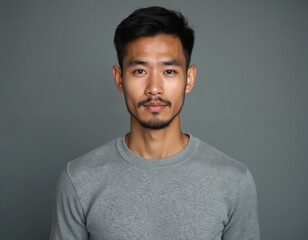Obraz premium Handsome Asian man in casual grey sweater poses in studio. Confident adult male with modern style looking at camera. Portrait of young person with serious face on grey background.