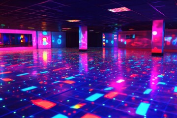 Neon-lit dance floor with vibrant colors and reflective surface creating a psychedelic atmosphere.