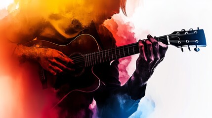 Obraz premium Guitarist is playing a guitar against a colorful painted background, showcasing musical talent.