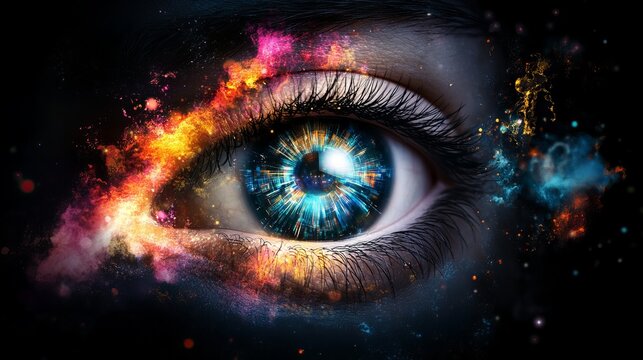Human eye displays cosmic imagery within its iris, surrounded by colorful nebulae in the surrounding space.