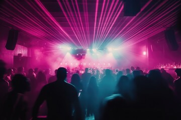 A vibrant nightclub scene, filled with people dancing under colorful laser lights and atmospheric haze.
