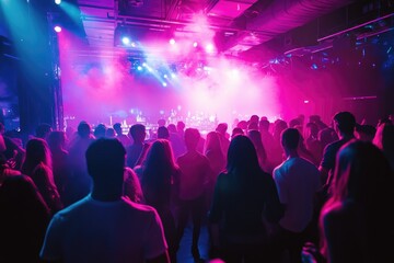 A vibrant nightclub scene filled with people dancing under colorful stage lights and smoke.
