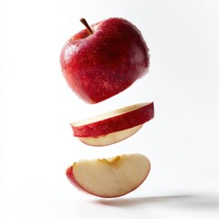 Sliced red apple floating in air on white background
