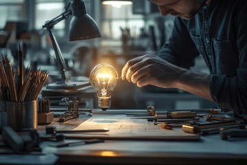 A craftsman holds a glowing lightbulb above blueprints, symbolizing innovative design and creative problem-solving in a workshop setting.