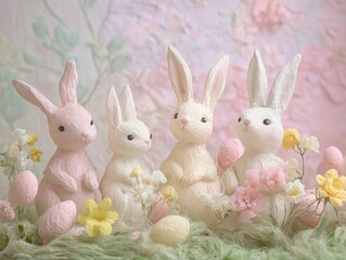Obraz premium Spring celebration featuring decorative rabbits surrounded by pastel flowers and eggs in a serene, colorful setting