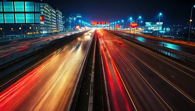 Nighttime city highway with vibrant light trails from moving vehicles and illuminated buildings