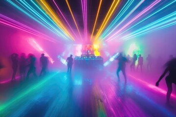 Silhouetted figures dance in a hazy club illuminated by vibrant, multicolored laser lights.