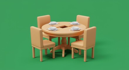 Round dining table with four chairs and place settings for a cozy meal illustration, set against a vibrant green background creating a welcoming atmosphere