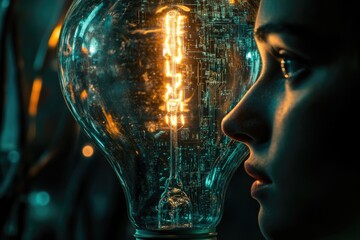 A person's face is partially obscured by a glowing lightbulb, which displays a circuit board pattern.